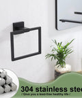 2 Pack Matte Black Stainless Steel Towel Ring And Shower Towel Hanger Set on bathroom wall mount, modern square design