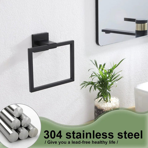 2 Pack Matte Black Stainless Steel Towel Ring And Shower Towel Hanger Set on bathroom wall mount, modern square design