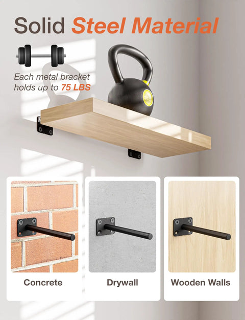 6 Inch Floating Shelf Brackets 8 Pack Solid Steel Hidden Shelf Supports showing strength on wood shelf with 75 lbs weight