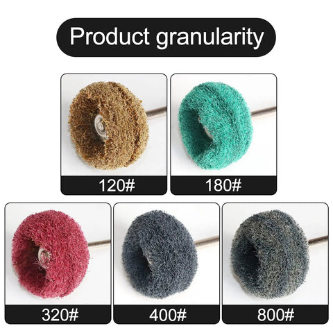 Tough As Nails Zero Fuss Abrasive Buffing Wheel Kit For Rotary Tools featuring one inch radial bristle discs with 120#, 180#, 320#, 400#, and 800# granularity.