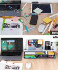 Before and after of Clear Glass Desk Whiteboard With Storage Tray And All In One Desktop Organizer For To Do Lists Memo Notepad Dry Erase Board A Real Game Changer For Quick Memos Meetings Home Office And School Use Gray Finish, showcasing organized workspace with pens and notepads.