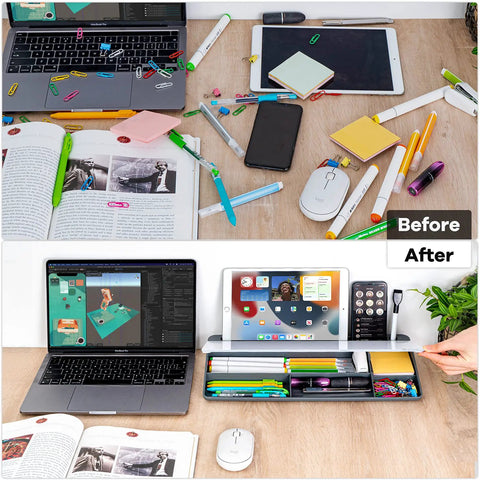 Before and after of Clear Glass Desk Whiteboard With Storage Tray And All In One Desktop Organizer For To Do Lists Memo Notepad Dry Erase Board A Real Game Changer For Quick Memos Meetings Home Office And School Use Gray Finish, showcasing organized workspace with pens and notepads.