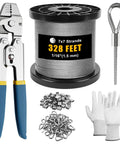 Heavy Duty Wire Rope Crimping Tool Kit With 1/16 Inch Stainless Steel Cable And Cutter, Pro Grade Crimper, 210 Aluminum Crimp Loop Sleeves, 50 Pcs Thimbles, Gloves For Railing, String Lights, And Fishing with cable spool, cutter, thimbles, and gloves