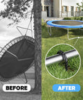 Comparison of trampoline before and after securing with Beefed Up U Shape Ground Stakes 8 Pack Galvanized Steel Anchors For High Winds And Anti Flip Security Perfect For Trampolines Soccer Goals Swing Sets Fences And Playsets