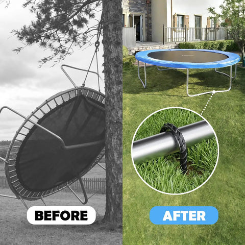 Comparison of trampoline before and after securing with Beefed Up U Shape Ground Stakes 8 Pack Galvanized Steel Anchors For High Winds And Anti Flip Security Perfect For Trampolines Soccer Goals Swing Sets Fences And Playsets