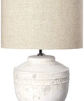 Distressed White Cement Table Lamp With Linen Drum Shade, Rustic Boho Chic Vibe For Farmhouse Cottage Or Vintage Living Rooms