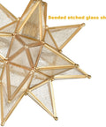 Close-up of Brushed Gold Moravian Star Ceiling Light With Seeded Glass Semi Flush Mount For Foyer And Hallway Dope Modern Metal Fixture