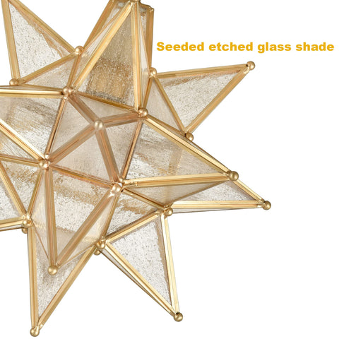 Close-up of Brushed Gold Moravian Star Ceiling Light With Seeded Glass Semi Flush Mount For Foyer And Hallway Dope Modern Metal Fixture