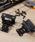 Overlay Cabinet Door Hinges With Soft Close No Slam Self Cleaning Mechanism Hidden Black Steel Rust Resistant Hinge For Kitchen Cabinets Quiet Durable Upgrade For Smooth Cabinet Access Built To Last on wooden surface with screws and tools