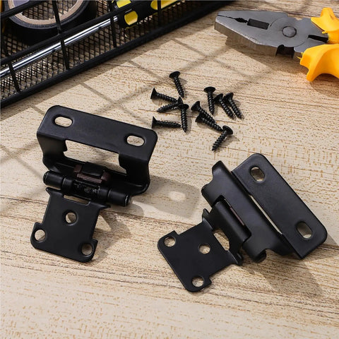 Overlay Cabinet Door Hinges With Soft Close No Slam Self Cleaning Mechanism Hidden Black Steel Rust Resistant Hinge For Kitchen Cabinets Quiet Durable Upgrade For Smooth Cabinet Access Built To Last on wooden surface with screws and tools
