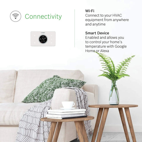 Living room setting with a Wi Fi Connected Thermostat With Alexa And Google Assistant All In One Touch Screen Controller on wall.