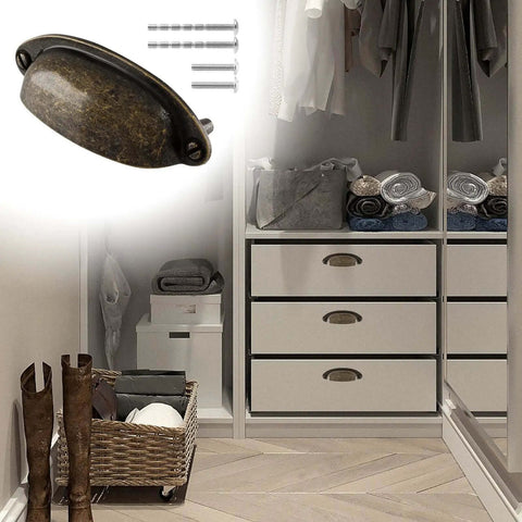Killer Vintage Shell Cabinet Pulls Featuring A Slick Yellow Bronze Plated Finish And Rugged Zinc Alloy Construction For Smooth Kitchen Cup Drawer Upgrade Plus Complete Premium Mounting Hardware Sets in a closet scene.