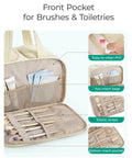 Lightweight Puffy Travel Toiletry Bag For Women With Handle features mesh pockets for toiletries and elastic straps for brushes