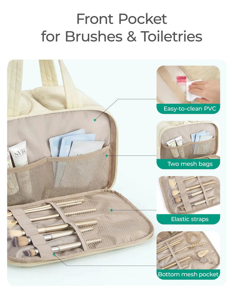 Lightweight Puffy Travel Toiletry Bag For Women With Handle features mesh pockets for toiletries and elastic straps for brushes