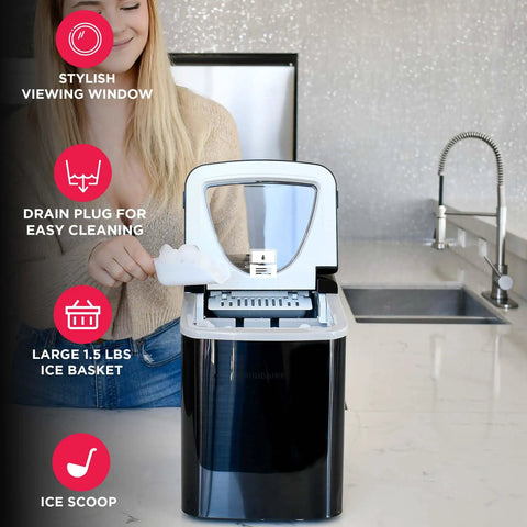 Compact Countertop Ice Maker With Fast Ice Production Delivers 26 Lbs Of Ice Per Day For Your Home Bar Kitchen Dorm Office On Demand In A Sleek Black Stainless Finish shown with open lid and ice scoop