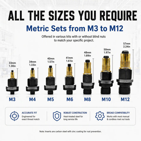 Mandrel Replacement Kit For M3 To M12 Rivet Nuts With Seven Mandrels And Seventy Press-In Nuts, Ideal For Thin-Walled Sheet Metal, Aluminum Tubing, And Plastic Fastening, Delivers Precise Permanent Threads. M3-M12 mandrels shown with sizes