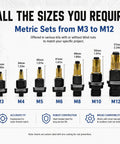 Rivet Nut Tools Kit Including Seven Mandrels And Twenty One Fasteners For Strong Sheet Metal Threads Plus M3 Through M12 Sizes displayed with size details.