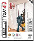 Packaging of "Five Foot Reusable Barrier Panels Set For Dust Barriers Four Pack Airtight Nylon Fabric Doorway Panels With Sewn In Heavy Duty Zippers Eco Friendly And Economical Alternative To Plastic Sheeting" with a man demonstrating installation.