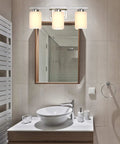 Over Mirror Bath Vanity Light Three Light Fixture With E26 Sconces In Brushed Nickel Finish And White Frosted Glass Shade Modern Wall Mount Bathroom Lighting Bulbs Not Included Easy Install
