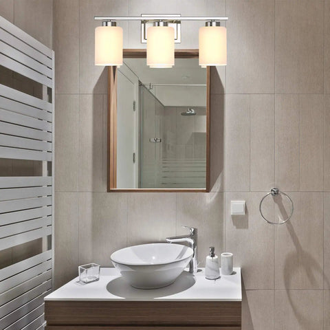 Over Mirror Bath Vanity Light Three Light Fixture With E26 Sconces In Brushed Nickel Finish And White Frosted Glass Shade Modern Wall Mount Bathroom Lighting Bulbs Not Included Easy Install
