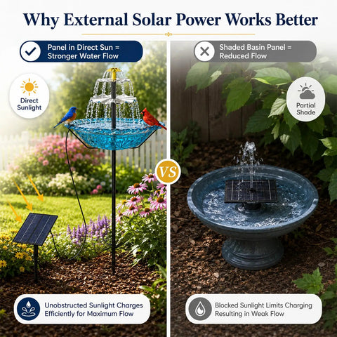 Comparison of solar fountain bird bath in sunlight and shade showing external solar power effect on water flow.