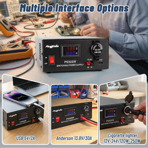 30A 13.8V Bench Power Supply For Ham Radio Rigs And CBs Universal Regulated DC Converter With USB and Anderson Powerpole
