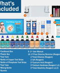 No Sweat 9 In 1 Pool And Hot Tub Test Kit For Fast Chemistry Checks On PH Total Chlorine Bromine Alkalinity Calcium Hardness Cyanuric Acid Copper Phosphate includes test items.