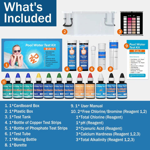 No Sweat 9 In 1 Pool And Hot Tub Test Kit For Fast Chemistry Checks On PH Total Chlorine Bromine Alkalinity Calcium Hardness Cyanuric Acid Copper Phosphate includes test items.