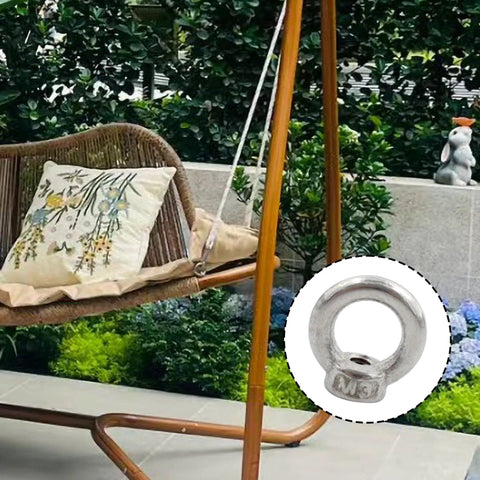 Garden swing chair with embroidered pillows featuring inset of 10 Pieces Stainless Steel Lifting Eye Nuts M4 Threaded Ring Shaped Eye Bolts with 19mm Outer Diameter and 10.6mm Inner Ring, 4.1mm Thick, 8.4mm Base, Pack Of 10