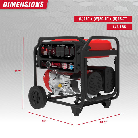 8,200 Watt Dual Fuel Portable Generator With 322cc OHV Engine, CO Sensor, dimensions 26x20.5x23.7 inches