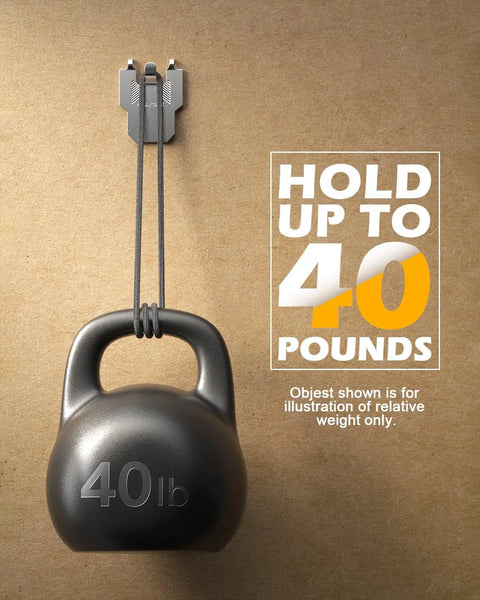 Heavy Duty Drywall Picture Hangers And Claw Hooks, 20 Piece Heavy Hitters, Quick Press Tool Free Install, Solid 40 Lb No Damage Wall Mounts For No Sweat Gallery Setup, showing weight limit of 40 lbs.