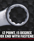 Close-up of 12-point box end of Wrench Set 32-Piece SAE And Metric With 15-Degree Offset, full polish chrome finish