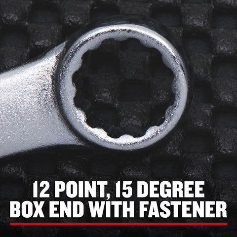 Close-up of 12-point box end of Wrench Set 32-Piece SAE And Metric With 15-Degree Offset, full polish chrome finish