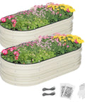 Two Pack 4x2x1 Ft Outdoor Galvanized Raised Garden Bed Kit With Rust And Corrosion Protection Easy Assembly Safe Edge Open Bottom Design For Vegetables And Flowers White with blooming plants.