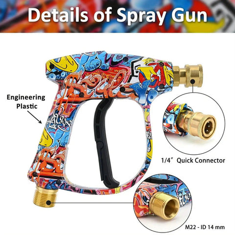 Colorful engineering plastic spray gun with 1/4 inch quick connector and M22 - ID 14 mm, for Pressure Washer Spray Gun With Foam Cannon Kit All In One For Car Wash 3000 PSI M22 Inlet Three Eighths Inch Quick Connect Swivel Handle Foam Gun With Five Nozzle Tips 0 15 25 40 65 Degrees Extra 1.10Mm Orifice Nozzle Included.