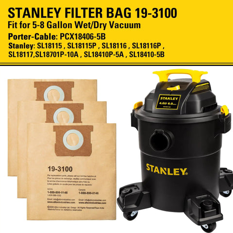 Three Pack Filter Bags For Five To Eight Gallon Wet And Dry Vacuums, Heavy Duty Replacement For Shop Vac Models SL18115 SL18116 SL18117 SL18410-5B And Porter-Cable PCX18406-5B, 2-1/2 Inch Port, 31.7 X 11.8 Inch.
