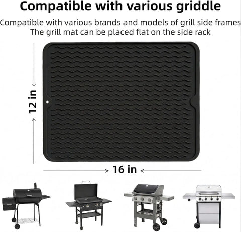 Versatile Silicone Grill Mat For Side Shelves And Counters Fits Blackstone Weber Traeger Pit Boss Flat Top Grills And Smokers Keeps Counters Clean And Organized Great Gift For Grill Pros And Lovers, compatible with various griddles, size 16x12 in, black silicone mat, shown with four grill models.