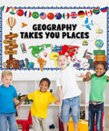 Bulletin Board Set With World Map Cutout, Travel Theme Icons, 14 National Flags, 16 Travel Cutouts And 16 Bulletin Borders displayed in classroom