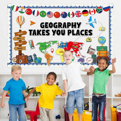 Bulletin Board Set With World Map Cutout, Travel Theme Icons, 14 National Flags, 16 Travel Cutouts And 16 Bulletin Borders displayed in classroom