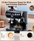 All-In-One Espresso Machine With 15 Bar Pressure, Built-In Bean Grinder, Milk Frother And Steam Wand shown on counter