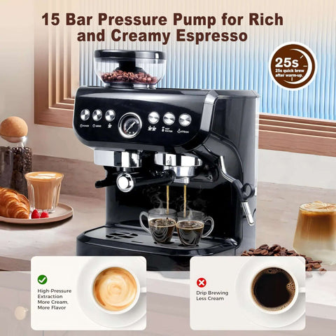 All-In-One Espresso Machine With 15 Bar Pressure, Built-In Bean Grinder, Milk Frother And Steam Wand shown on counter