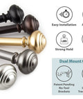 Adjustable Curtain Rod 72 To 144 Inches With Quick Easy Install No Tools Required 1 Inch Steel Rod Durable Construction For Heavy Fabrics Traditional Knob Finial In Golden Brass No Fuss Easy Setup showing multiple color options and installation features