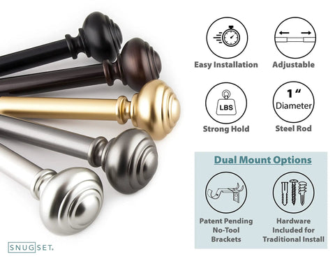 Adjustable Curtain Rod 72 To 144 Inches With Quick Easy Install No Tools Required 1 Inch Steel Rod Durable Construction For Heavy Fabrics Traditional Knob Finial In Golden Brass No Fuss Easy Setup showing multiple color options and installation features