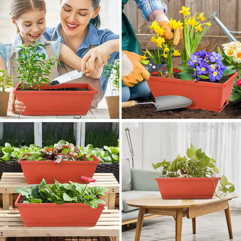 7 Pack Window Box Planters, 17 Inch Rectangular Plastic Flower Pots with Saucers for Indoor Outdoor Garden, Red