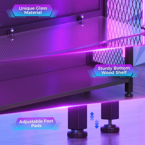 Four Tier Freestanding Glass Display Cabinet With Smart RGB LED Lighting And Handy App Control featuring a sturdy wood shelf and adjustable foot pads.