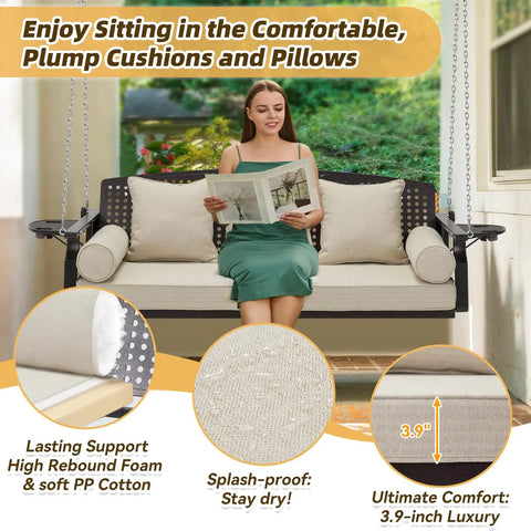 Woman sitting on Three Seat Hanging Porch Swing With Cup Holders And Three Back Cushions, Extra Wide 60 Inch Swing Chair With Chains