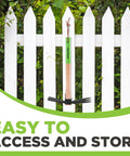 Hoe And Cultivator Garden Rake With 14 Inch Wooden Handle And Sharp Hoe Blade With A Sturdy Three Claw Tiller hanging on a white fence