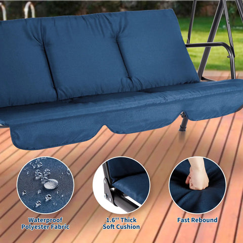 Three Seat Outdoor Swing Chair With Adjustable Canopy Stable Metal Frame Heavy Duty Stand Perfect Backyard Patio And Lawn Seating For Adults Blue, featuring waterproof cushions and metal stand.