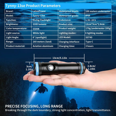 Hand holding Beast Bright 2200 Lumens Dive Light With 8 Degree Narrow Beam USB C Rechargeable IP68 Waterproof To 100M