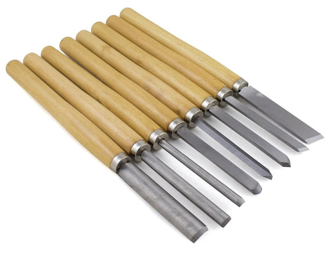 8 Piece Wood Turning Chisel Set For Lathes Including Skew Spear Point Parting Tool Round Nose And Three Gouge Tools shown on a white background